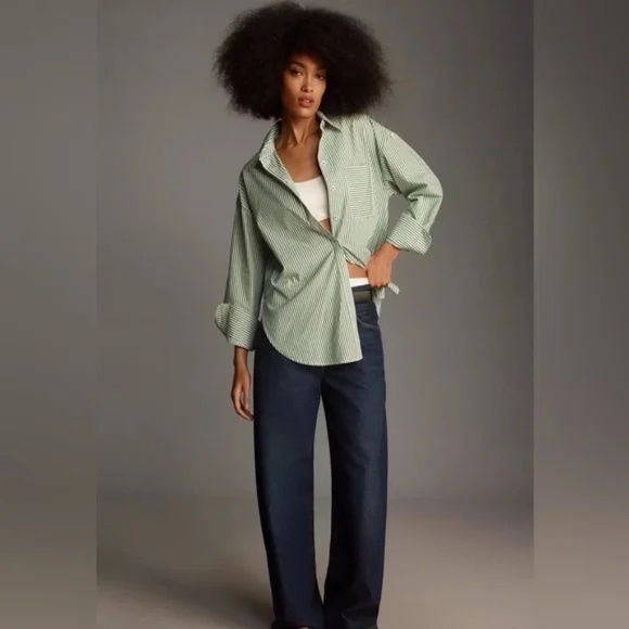 MAEVE - Oversized Classic Striped Button-Down Shirt – Olive & White - Small - Picture 8 of 9